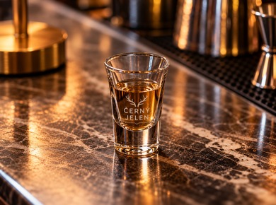 Small spirits glass featuring a bar logo