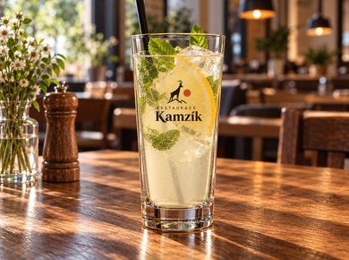 Long-drink glass featuring a restaurant logo