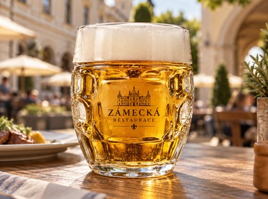 Beer mug featuring a restaurant logo on an outdoor terrace
